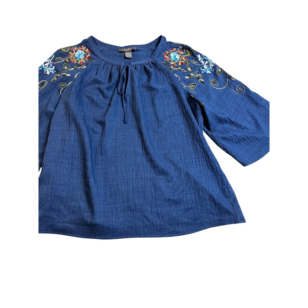 Olivia & Martin Womens 1X Blue Embroidered Floral Sequin Peasant Blouse Tie Neck - Picture 3 of 7